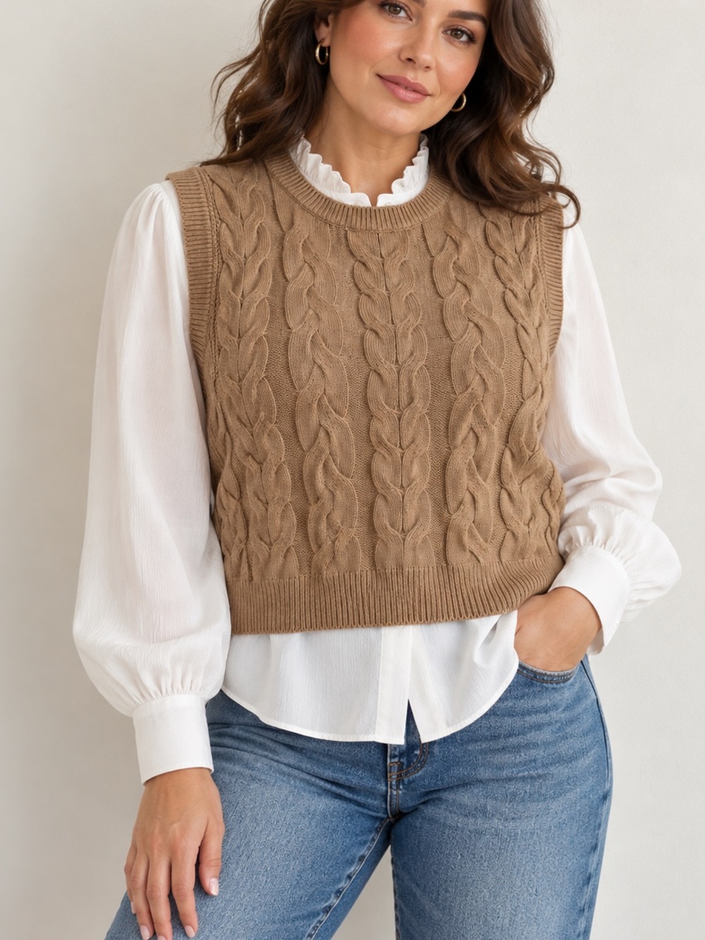 Banana Republic Cable Knit Sleeveless Crew Neck Sweater Vest L  Camel
